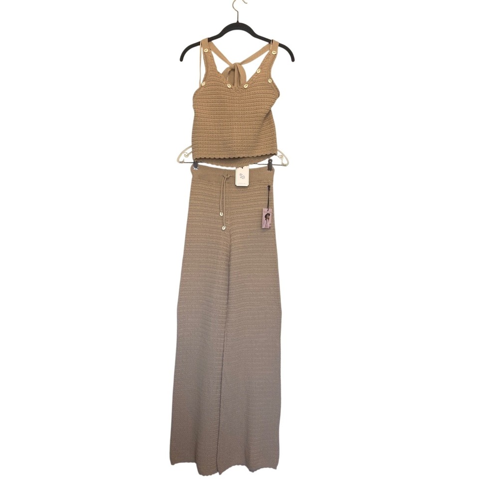 Sincerely Jules Tan Cotton Knit 2 Piece Set Crop Top Wide Leg Pants Womens SZM